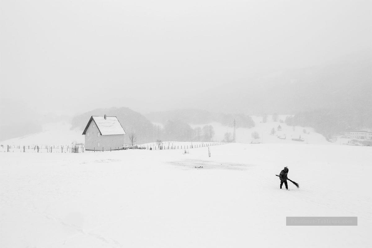 paysage d’hiver noir et blanc Peintures à l'huile